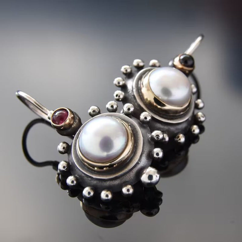 Round White Gold Inlaid Red Diamond Earrings
