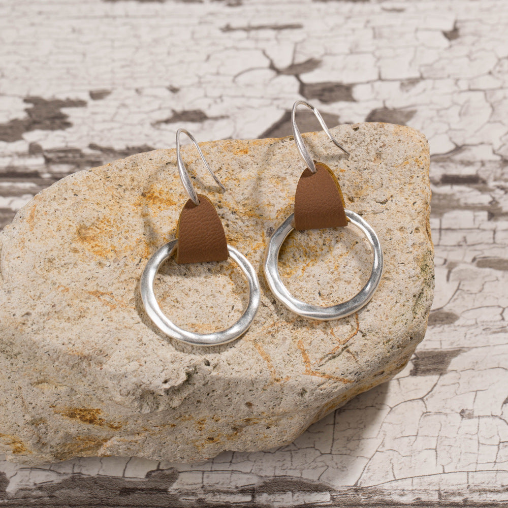 Simple Fashion Brown Leather Stitching Round Ring Earrings