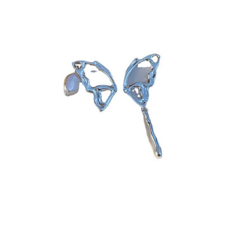 Sterling Silver Needle Frosty Style Stud Earrings Asymmetric Butterfly Wings