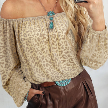 Beige Leopard Velvet Burnout Off Shoulder Long Sleeve Blouse