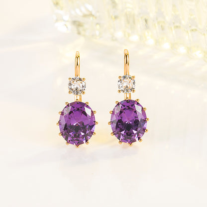 Oval Purple Diamond Zircon Women's 18K Gold Amethyst Earrings