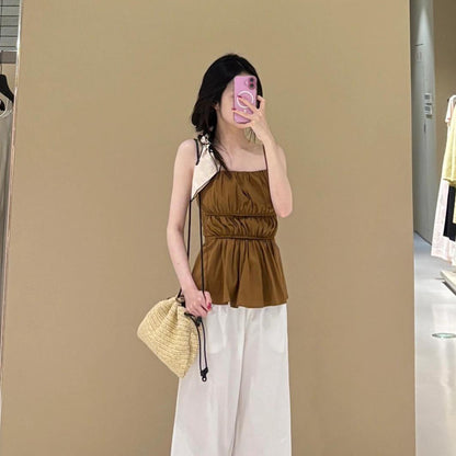 Pleated Camisole Top Brown Waisted Vest