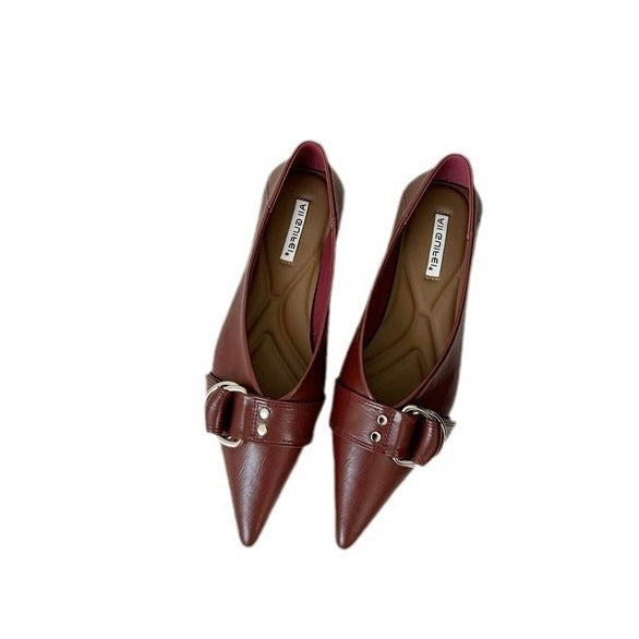French Pointed Flat Soft Bottom Metal Belt Buckle Shoes