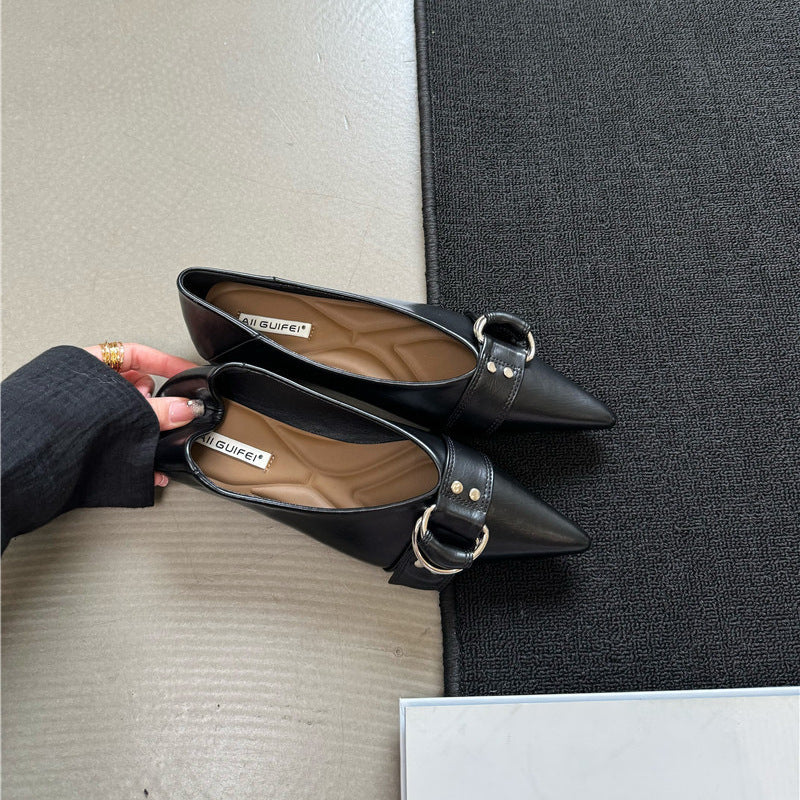 French Pointed Flat Soft Bottom Metal Belt Buckle Shoes