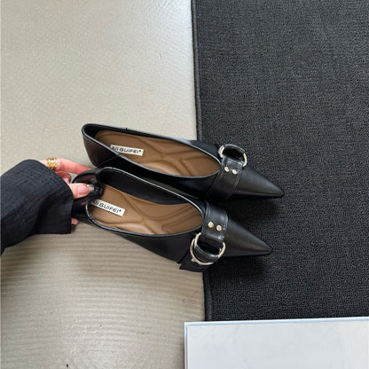 French Pointed Flat Soft Bottom Metal Belt Buckle Shoes
