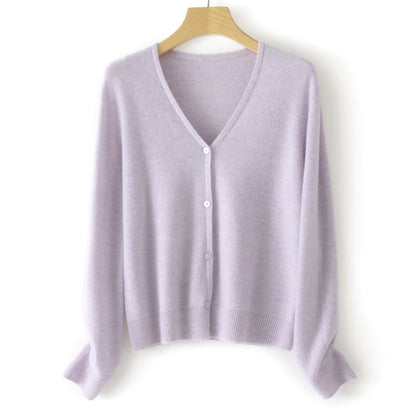 Women's Double Face Wool Leather V-neck Long-sleeved Knitted Cardigan