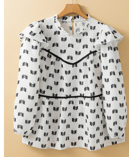 White Bow Knot Print Piping Trim Ruffled Crew Neck Blouse