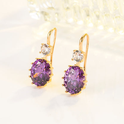 Oval Purple Diamond Zircon Women's 18K Gold Amethyst Earrings