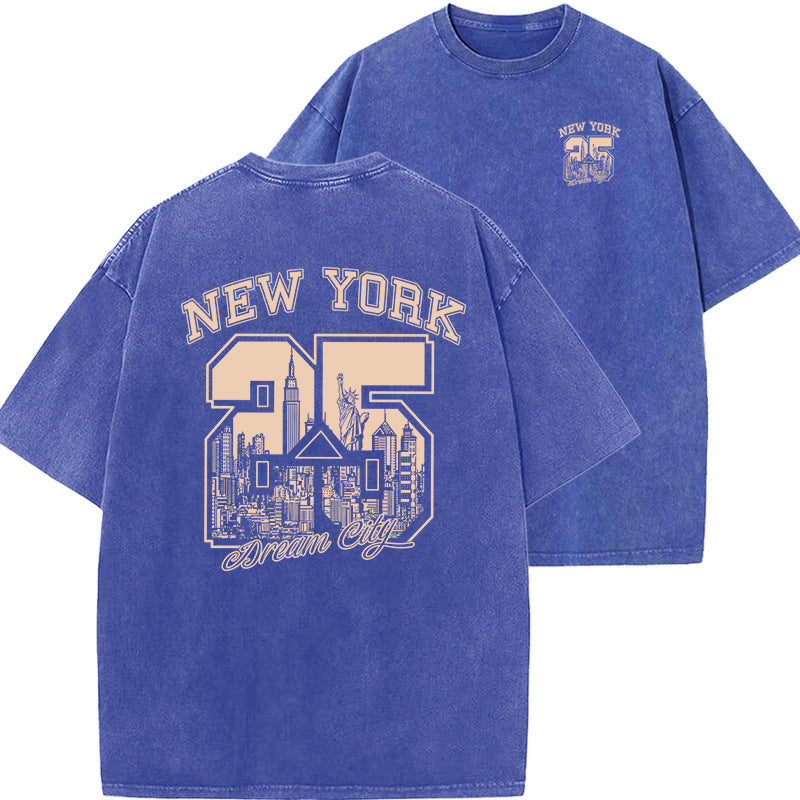 New Vintage Print Washed Short-sleeved T-shirt