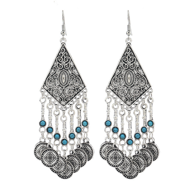 Retro Exotic Antique Silver Coin Tassel Earrings