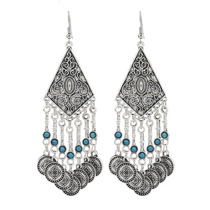 Retro Exotic Antique Silver Coin Tassel Earrings