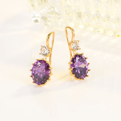 Oval Purple Diamond Zircon Women's 18K Gold Amethyst Earrings