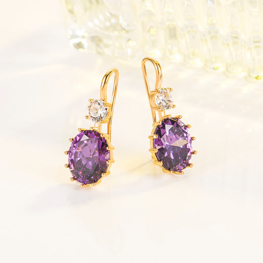 Oval Purple Diamond Zircon Women's 18K Gold Amethyst Earrings