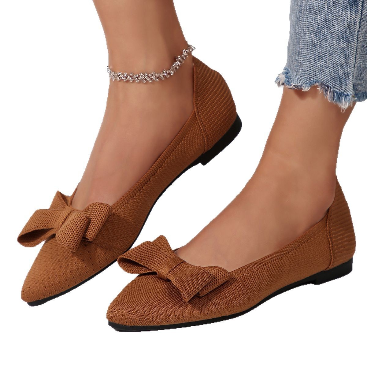 Pointed Knitted Bow Shallow Mouth Pumps