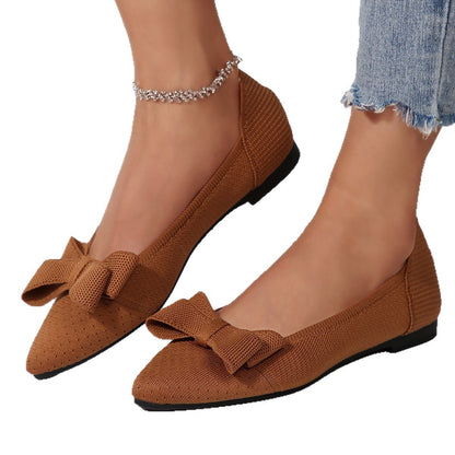 Pointed Knitted Bow Shallow Mouth Pumps