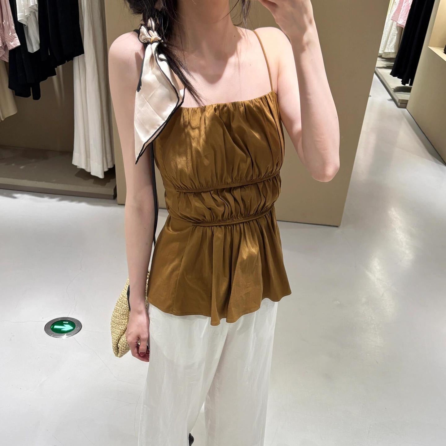 Pleated Camisole Top Brown Waisted Vest