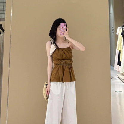 Pleated Camisole Top Brown Waisted Vest