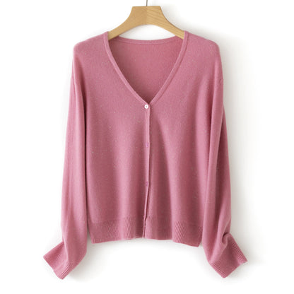 Women's Double Face Wool Leather V-neck Long-sleeved Knitted Cardigan