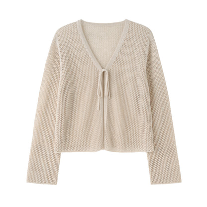 V-neck Lace-up Hollow Knitted Cardigan