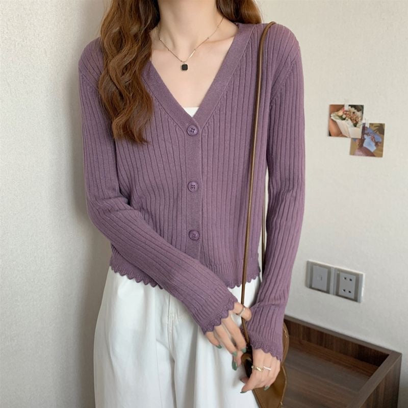 Fall V-neck Sunken Stripe Knitted Cardigan