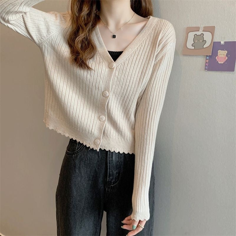 Fall V-neck Sunken Stripe Knitted Cardigan