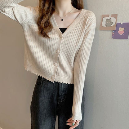 Fall V-neck Sunken Stripe Knitted Cardigan
