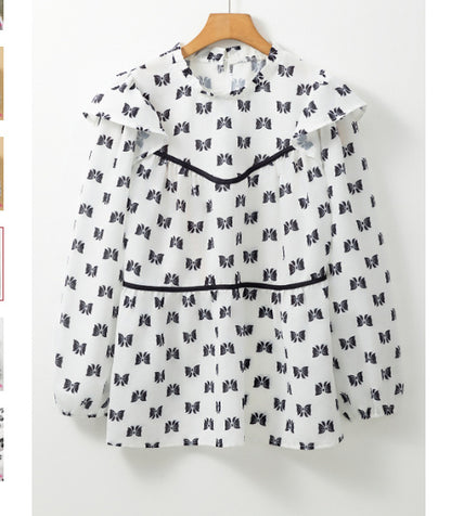 White Bow Knot Print Piping Trim Ruffled Crew Neck Blouse