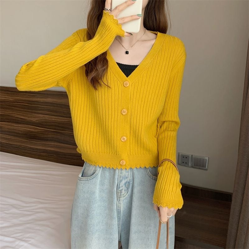 Fall V-neck Sunken Stripe Knitted Cardigan