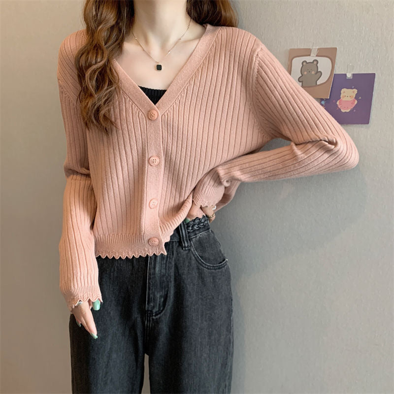 Fall V-neck Sunken Stripe Knitted Cardigan