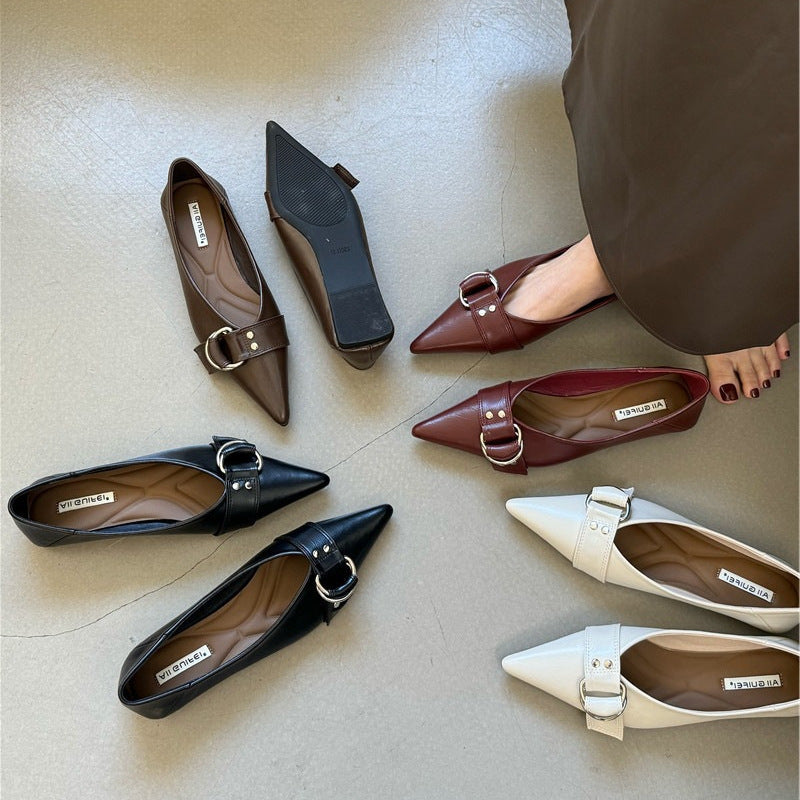 French Pointed Flat Soft Bottom Metal Belt Buckle Shoes