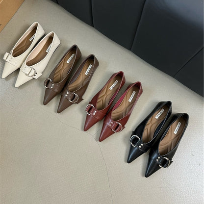 French Pointed Flat Soft Bottom Metal Belt Buckle Shoes