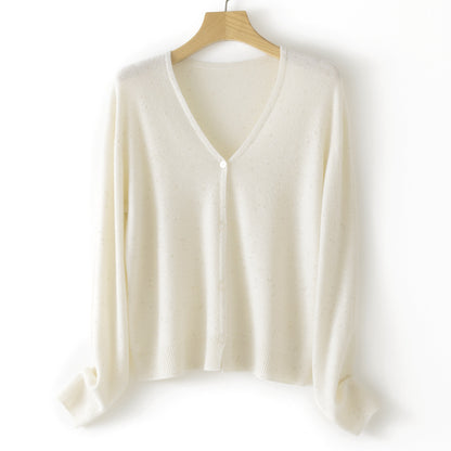 Women's Double Face Wool Leather V-neck Long-sleeved Knitted Cardigan