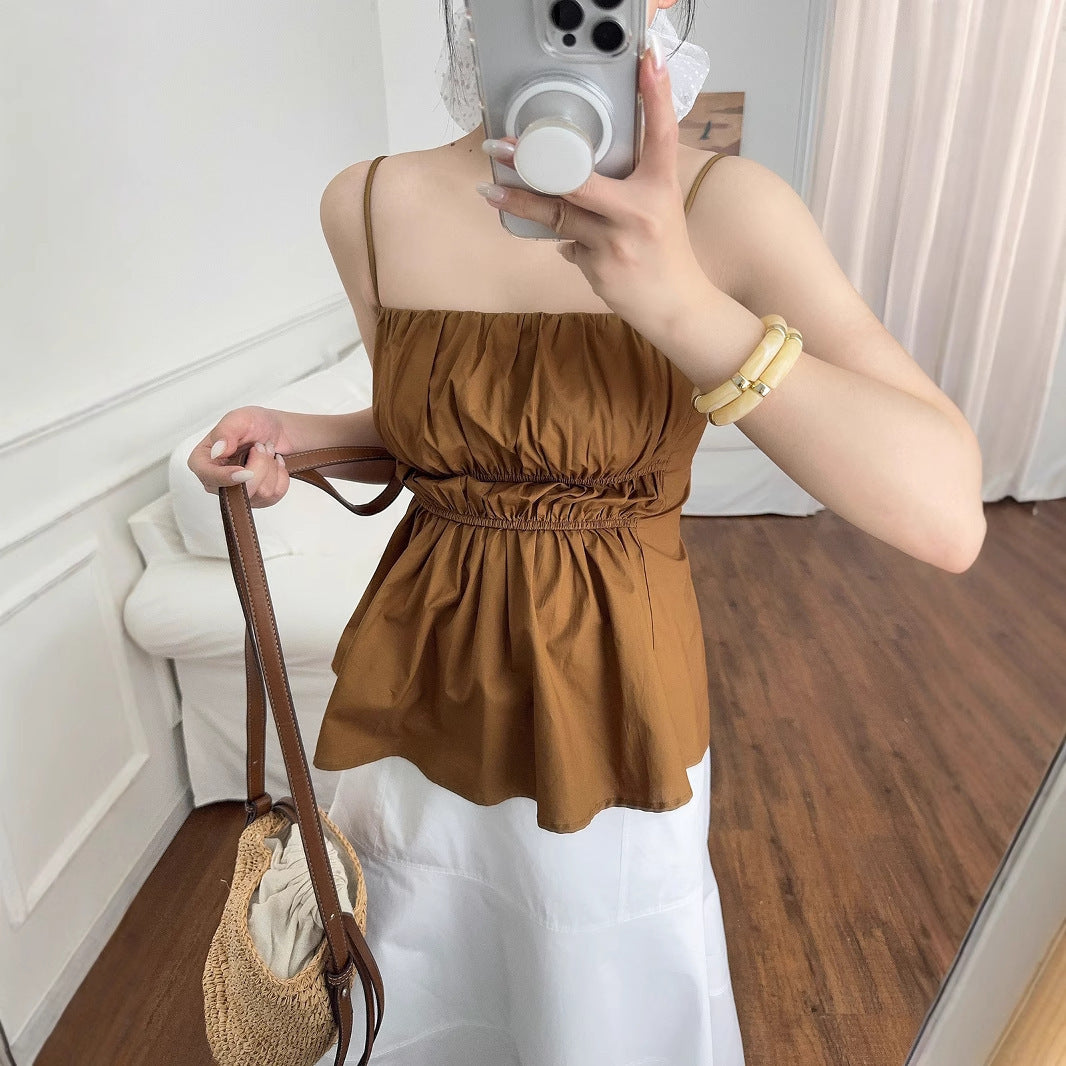 Pleated Camisole Top Brown Waisted Vest