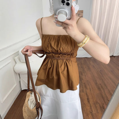 Pleated Camisole Top Brown Waisted Vest