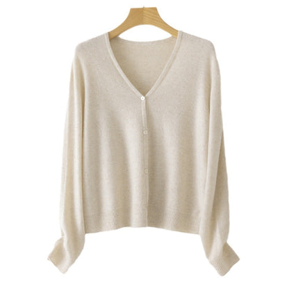 Women's Double Face Wool Leather V-neck Long-sleeved Knitted Cardigan