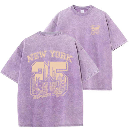 New Vintage Print Washed Short-sleeved T-shirt