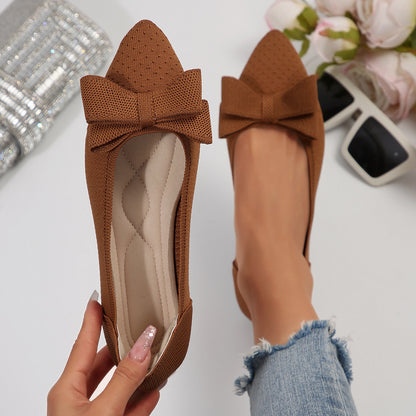 Pointed Knitted Bow Shallow Mouth Pumps
