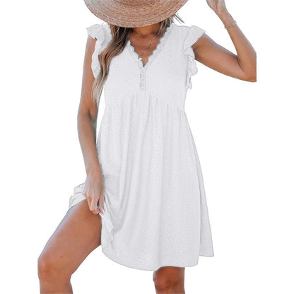 Women's V-neck Lace Cutout Short-sleeved Blouse Dress