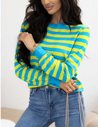 Green Stripe Crew Neck Drop Shoulder Casual Sweater