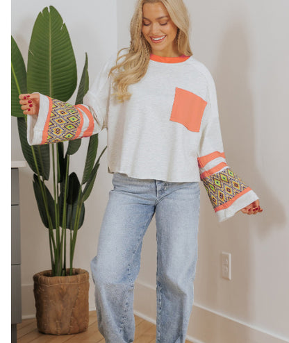 Apricot Western Aztec Patch Mineral Wash Loose Fit Top