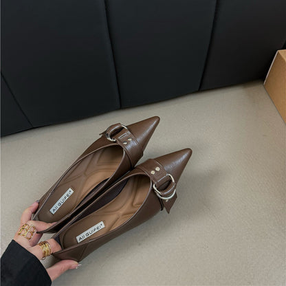 French Pointed Flat Soft Bottom Metal Belt Buckle Shoes
