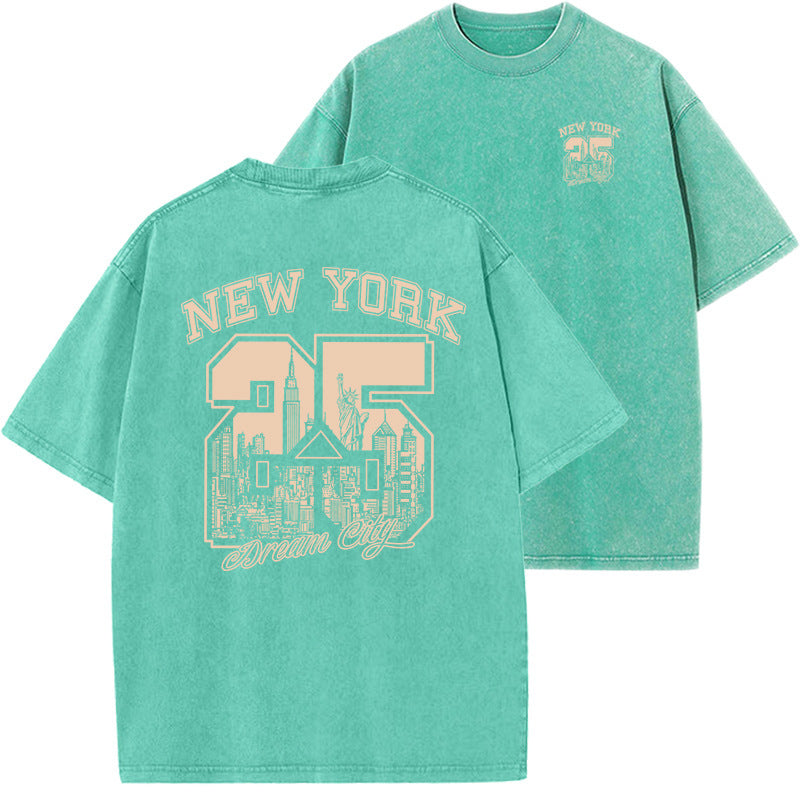 New Vintage Print Washed Short-sleeved T-shirt