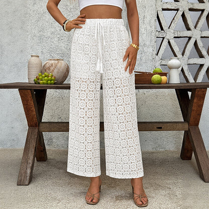 Lace Trousers Summer High Waist See-through Straight-leg Pants