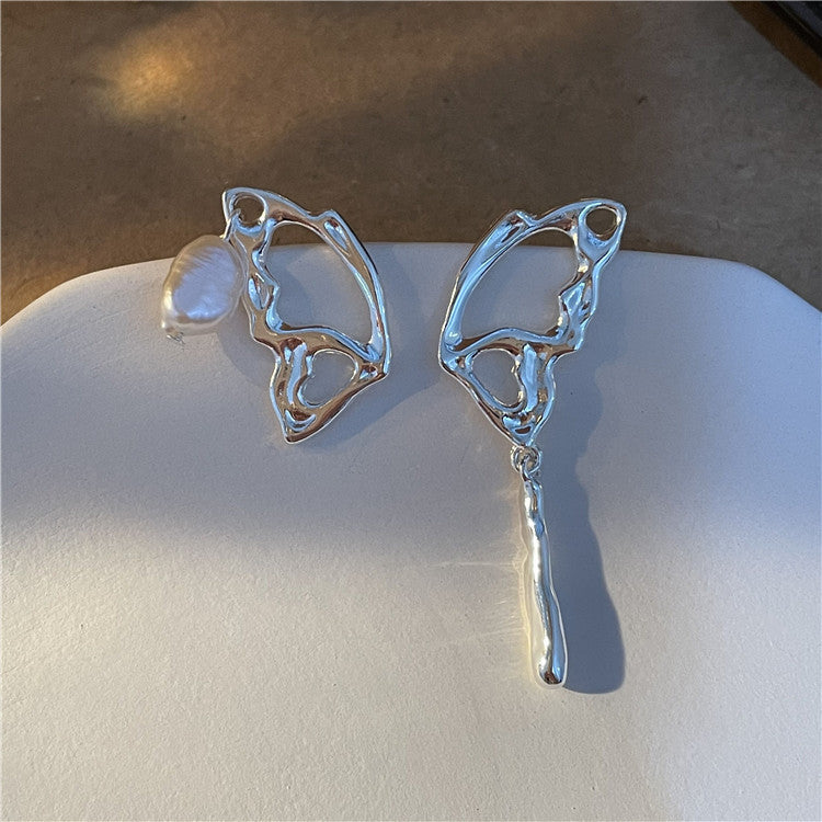 Sterling Silver Needle Frosty Style Stud Earrings Asymmetric Butterfly Wings