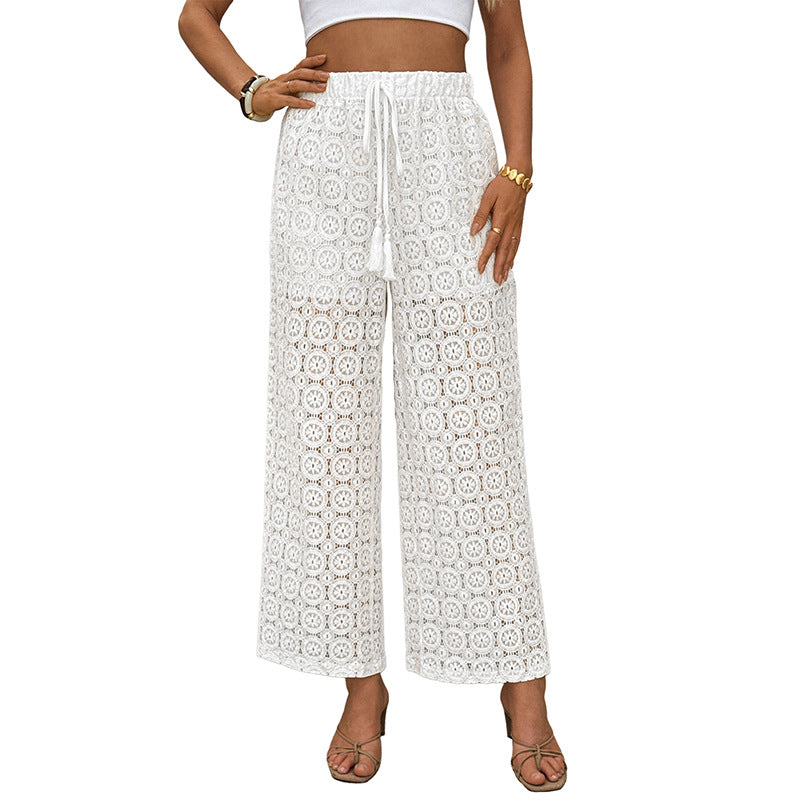 Lace Trousers Summer High Waist See-through Straight-leg Pants