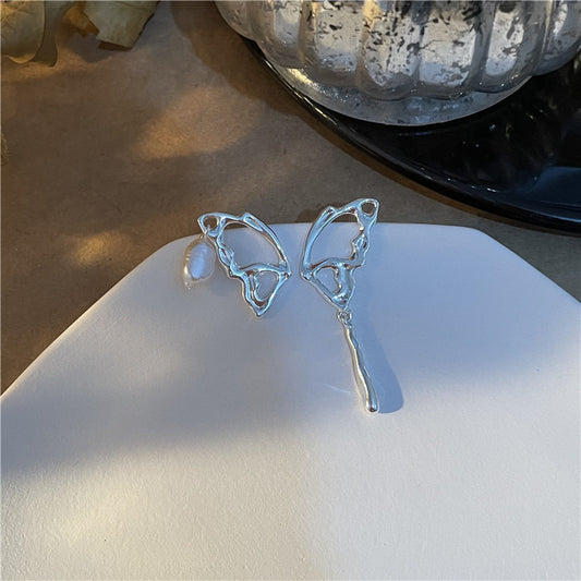 Sterling Silver Needle Frosty Style Stud Earrings Asymmetric Butterfly Wings