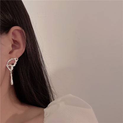 Sterling Silver Needle Frosty Style Stud Earrings Asymmetric Butterfly Wings