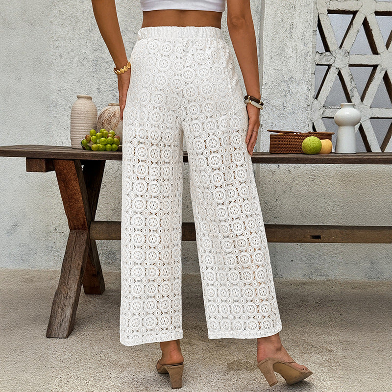 Lace Trousers Summer High Waist See-through Straight-leg Pants