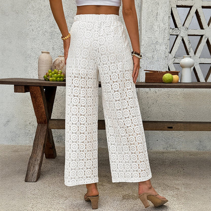 Lace Trousers Summer High Waist See-through Straight-leg Pants