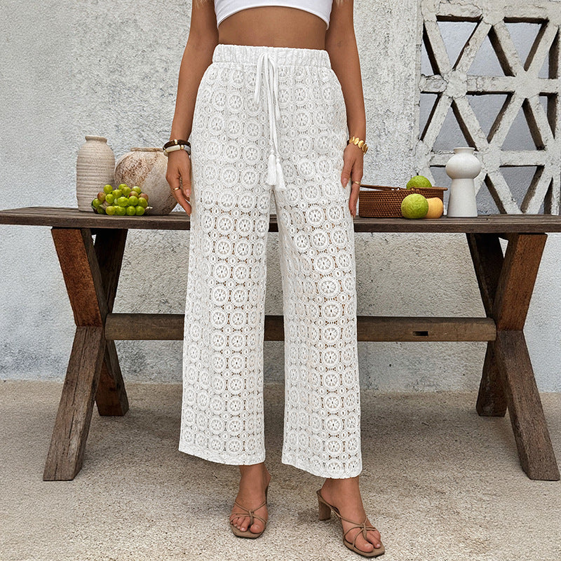 Lace Trousers Summer High Waist See-through Straight-leg Pants